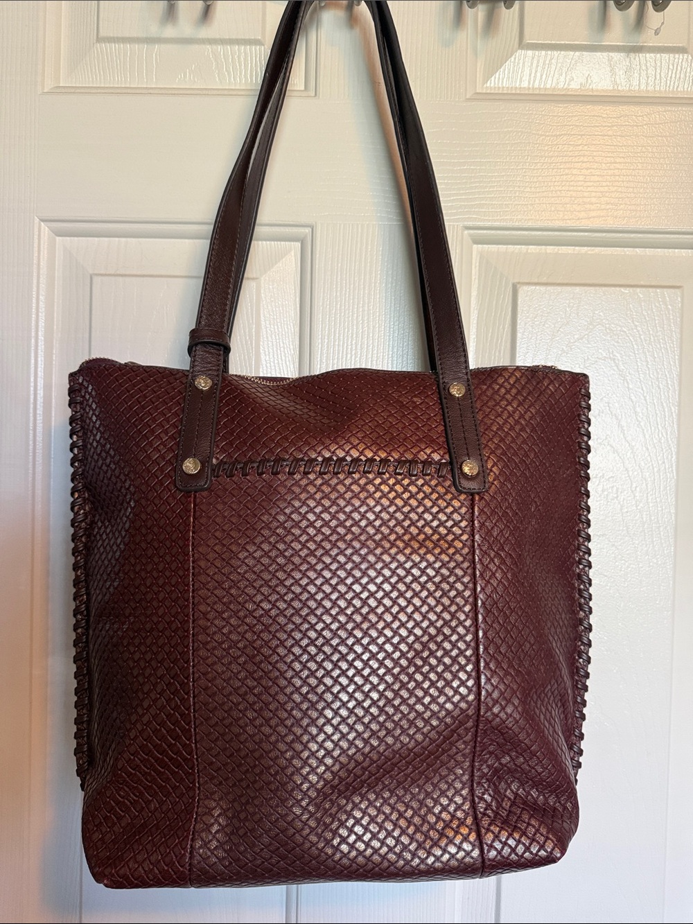 Tommy Bahama Wine-Burgundy Woven Leather Tote - Picture 2 of 3